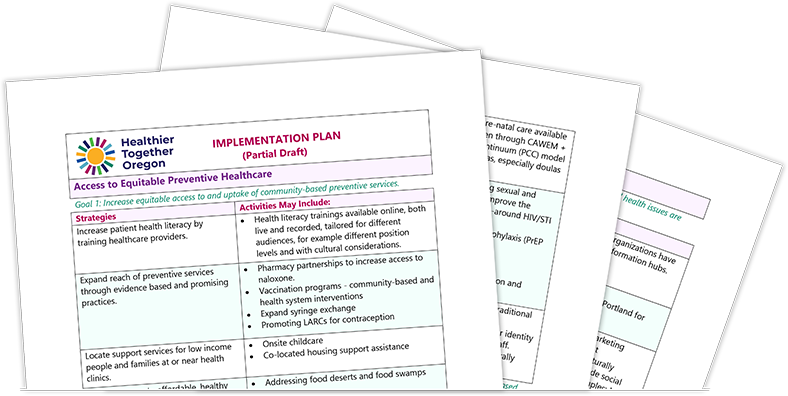 The implementation plan cover and interior pages displayed in a fan
