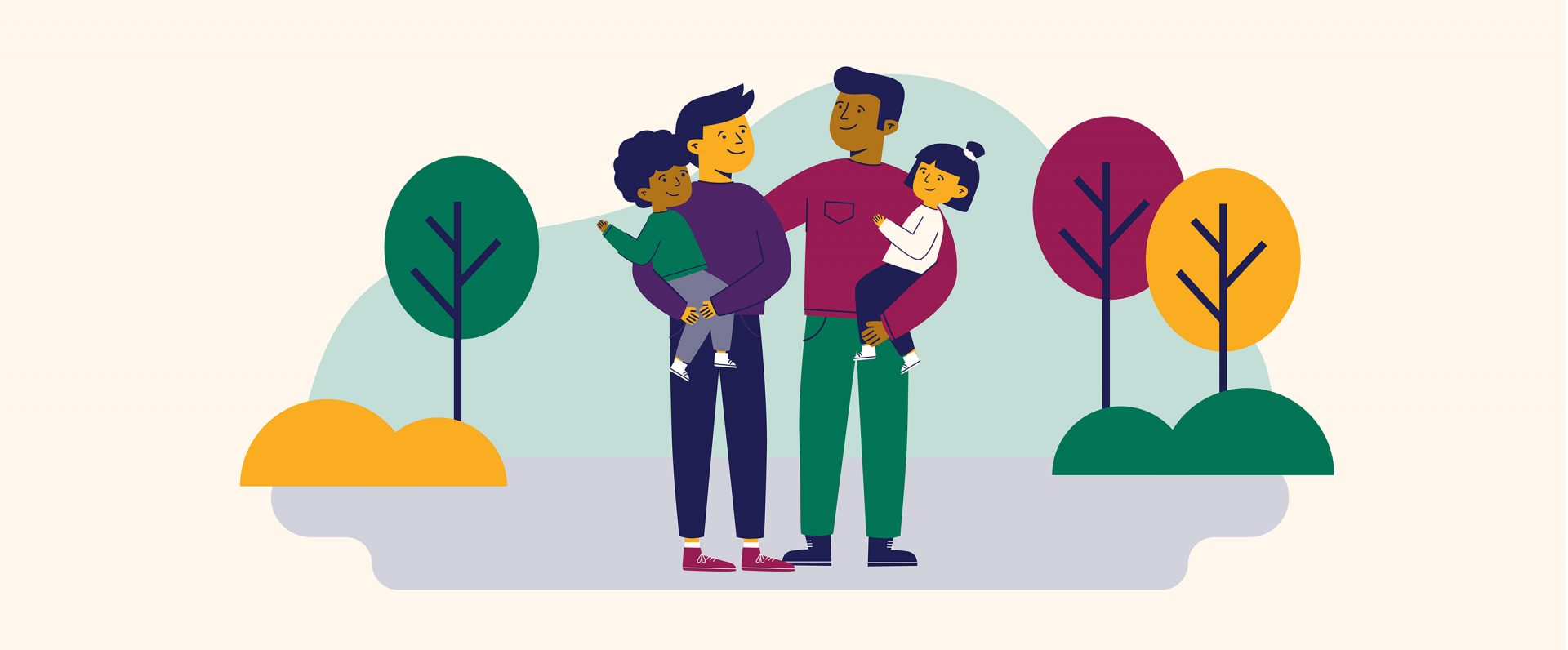 A happy family showing a non-binary parent, a male parent and two young children