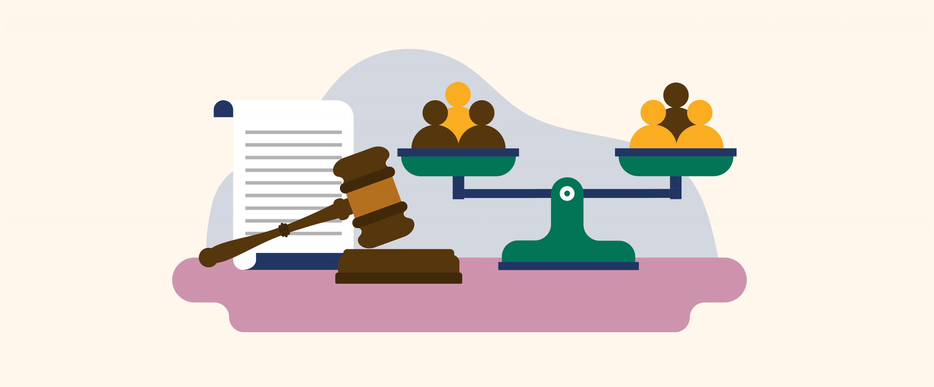 A judicial scale with three people icons on each side, a judges gavel and a written document