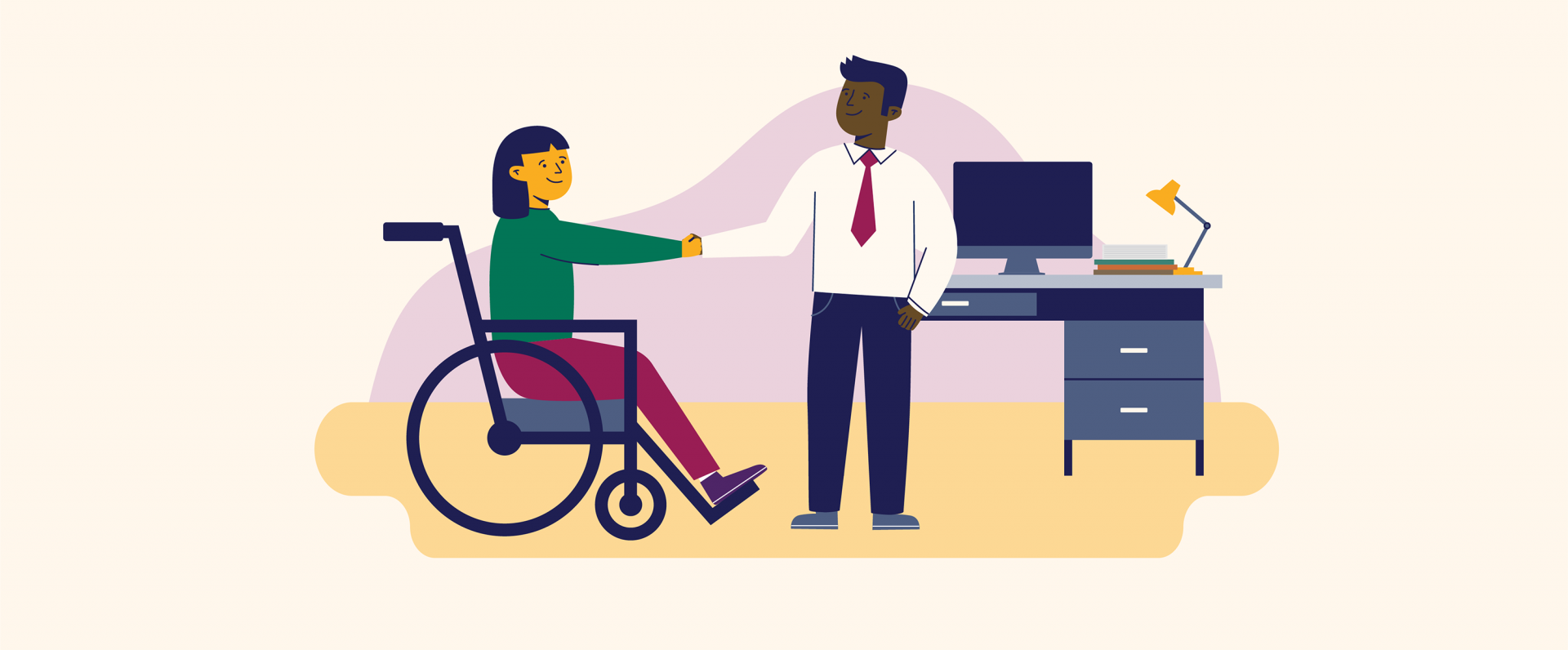 An employer is shaking the hand of a new employee, a woman in a wheelchair.