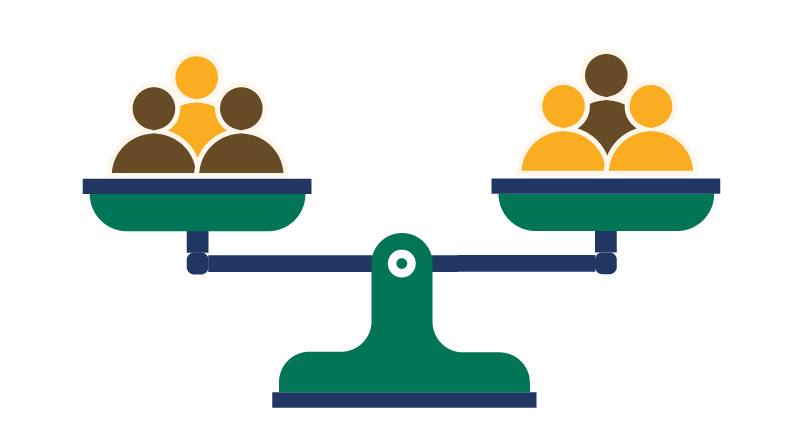 A judicial scale with three people icons on each side