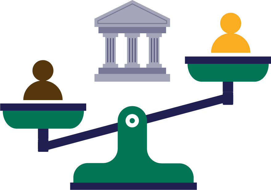 A judicial scale with a brown person and a white person. The scale is lower on the side with the brown person. An institutional building is hovering above the scale.